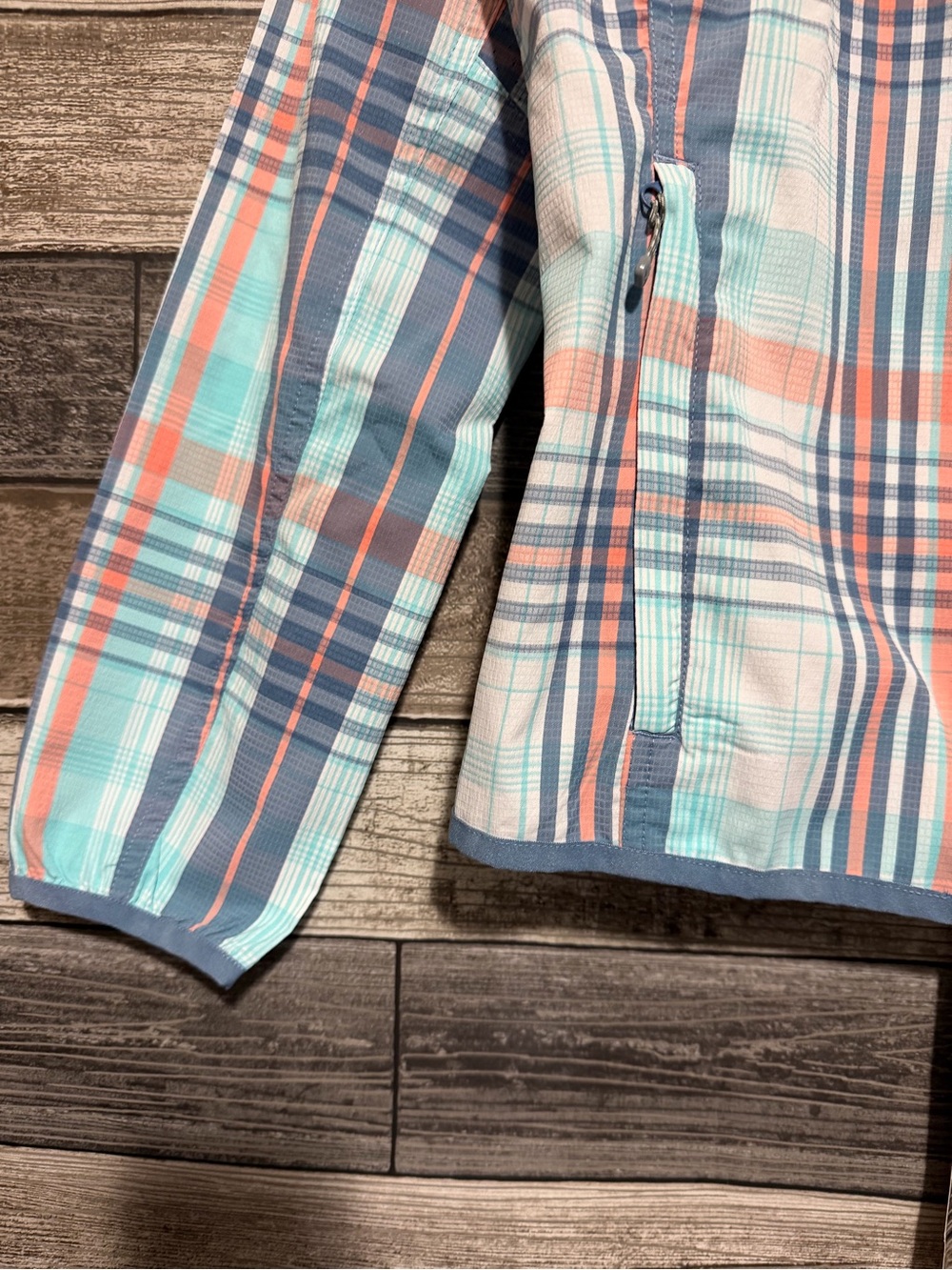 Coolibar Women's Plaid Hooded Sun Jacket - Aqua/Coral/Gray - Picture 6 of 10